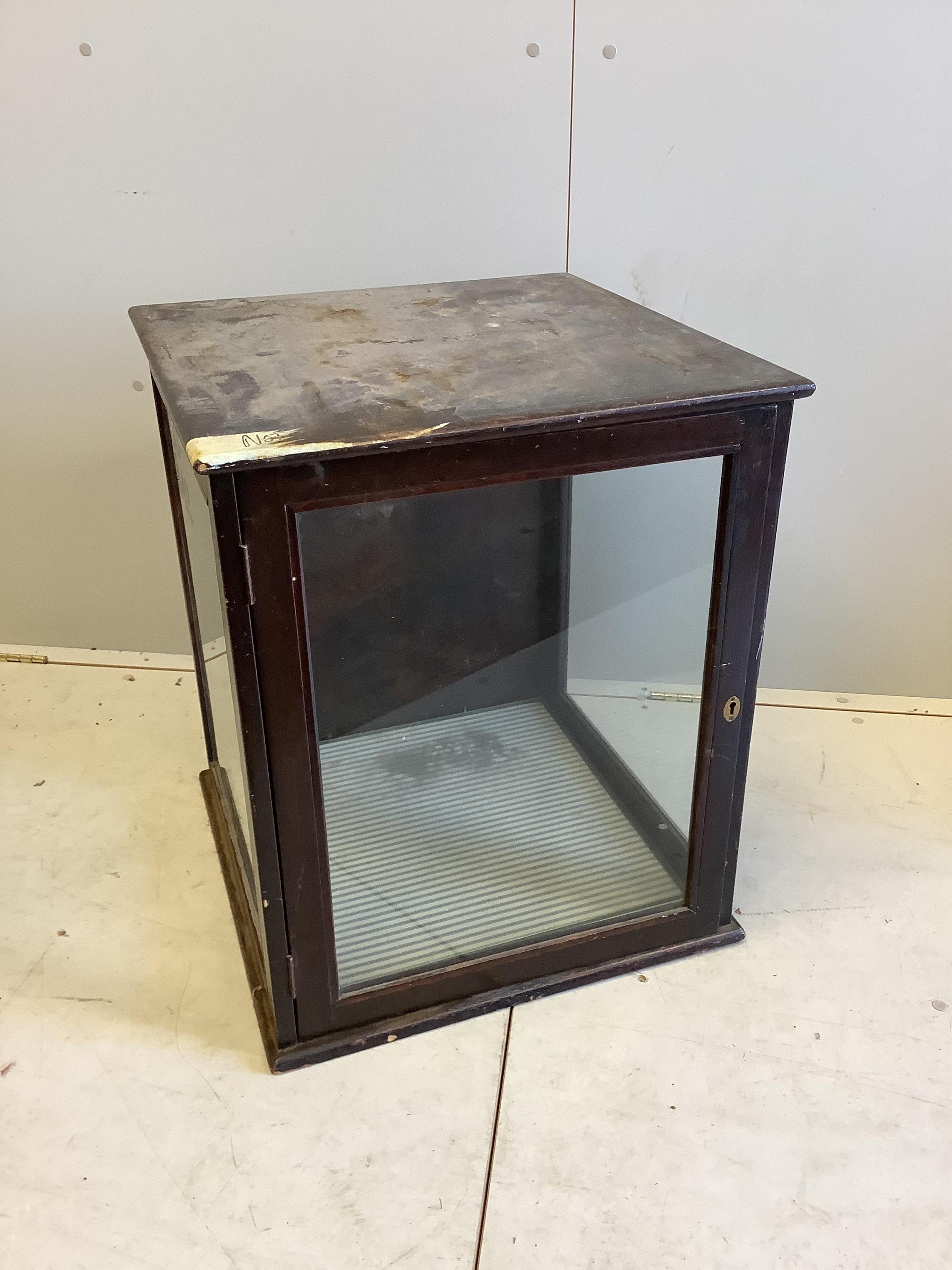 A late Victorian table top shop display cabinet, no key, width 54cm, depth 54cm, height 64cm. Condition - poor